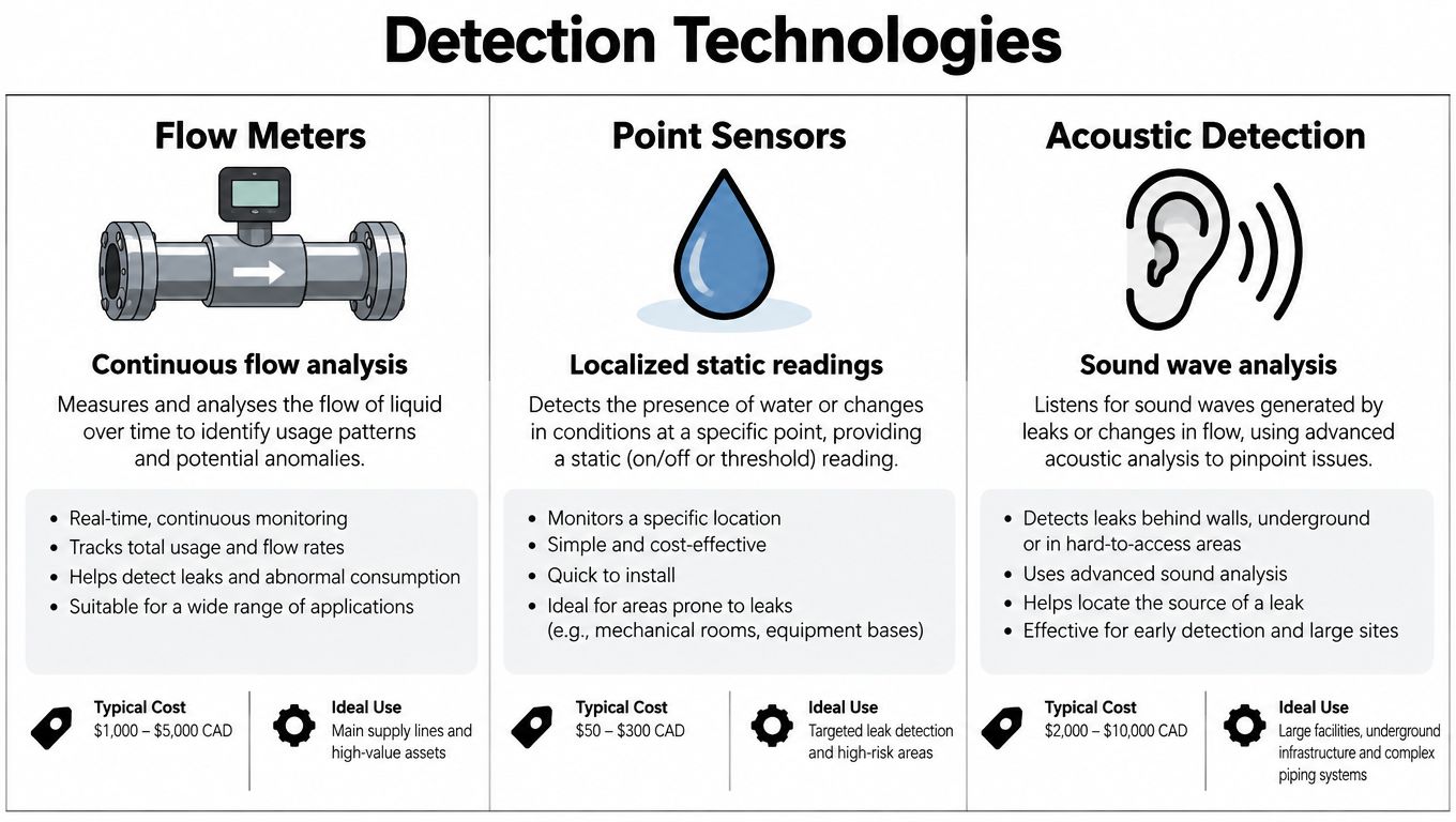 A comparison chart of water leak detection technologies including flow meters, point sensors, and acoustic detection methods.