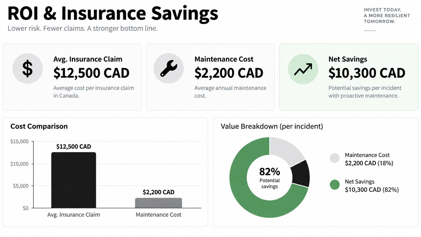 A chart comparing the cost of an average insurance claim against proactive maintenance expenses in Canadian dollars.