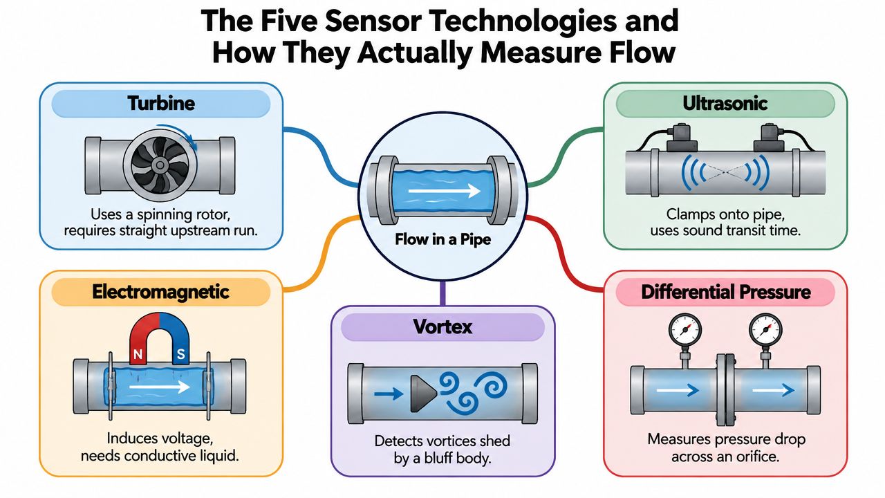 An infographic illustrating five different sensor technologies used for measuring fluid flow inside a pipe system.