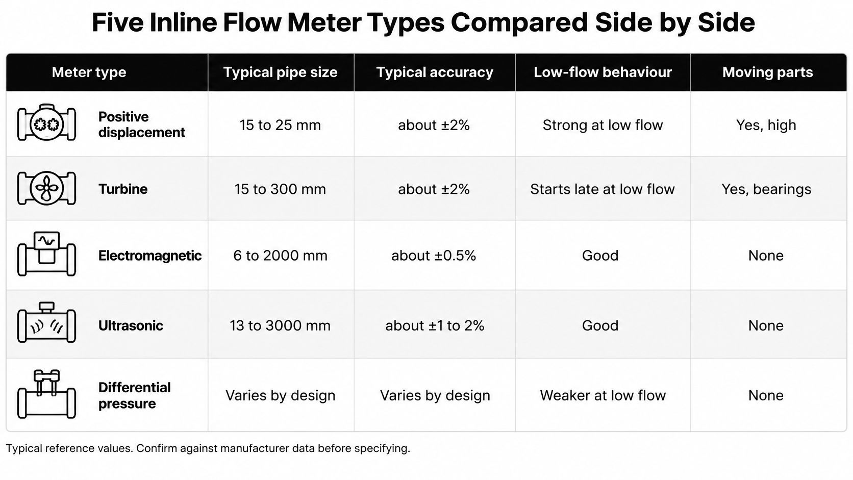 A comparison table outlining key specifications for five common types of inline flow meters for industrial pipes.