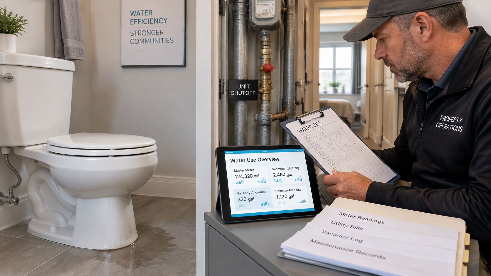 A property operations professional reviews water usage data on a tablet next to a leak in a bathroom.