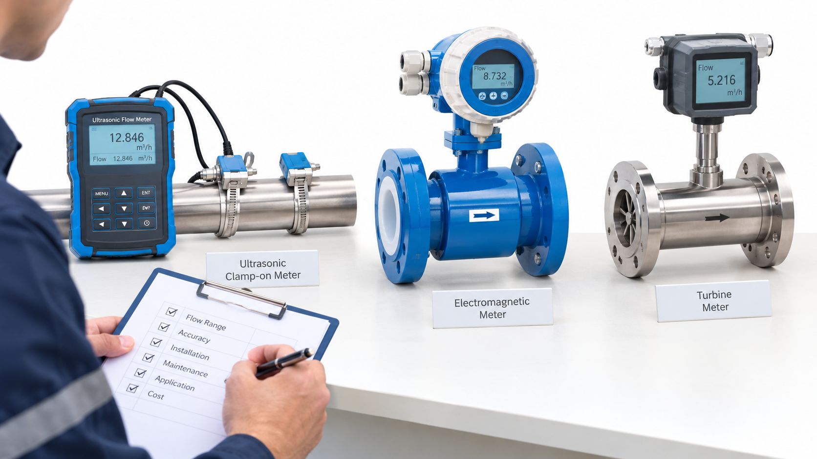 A technician holds a clipboard while inspecting three different types of industrial liquid flow meters on a table.