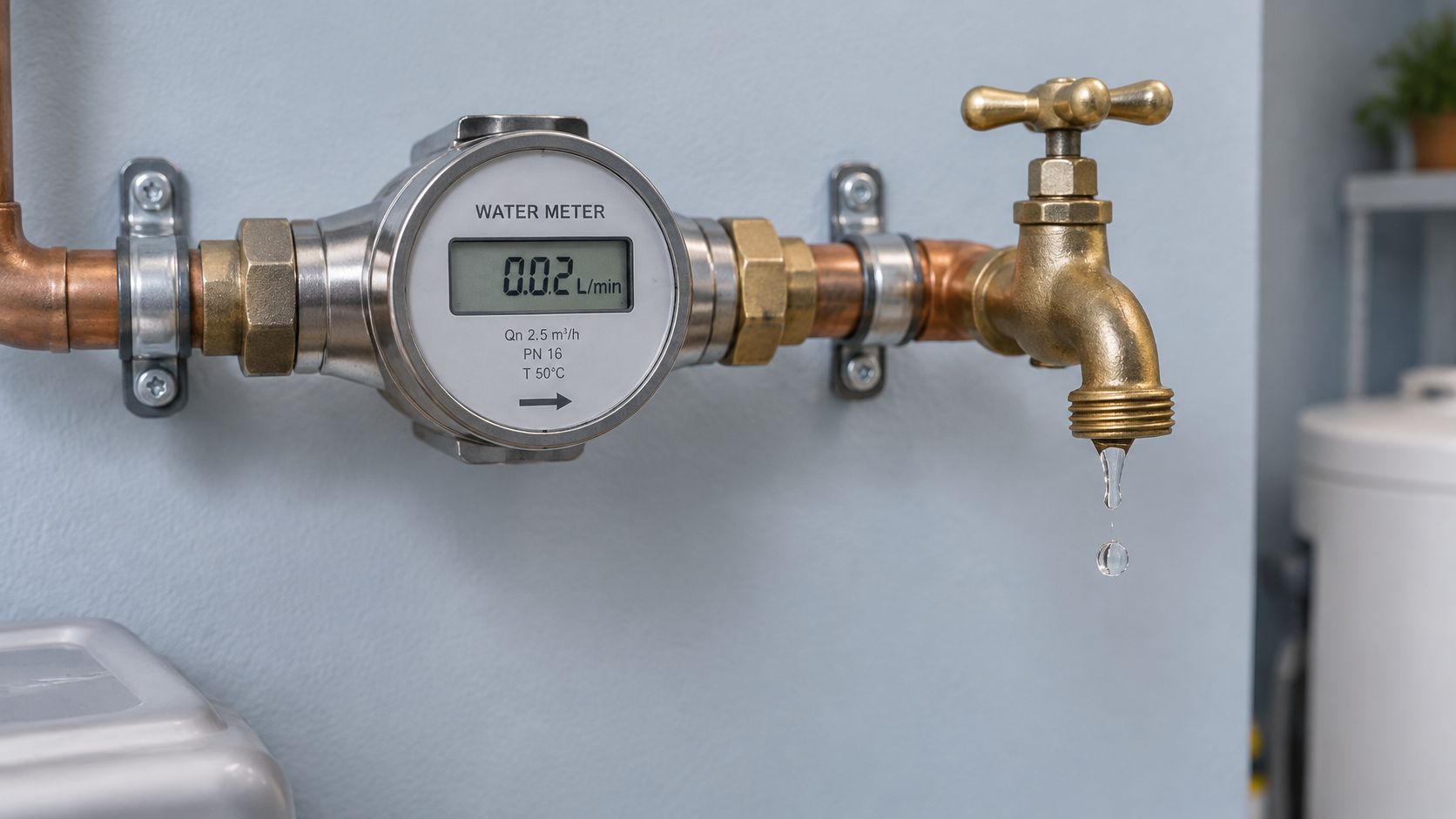A digital water meter installed on copper pipes connected to a brass faucet leaking water drops.