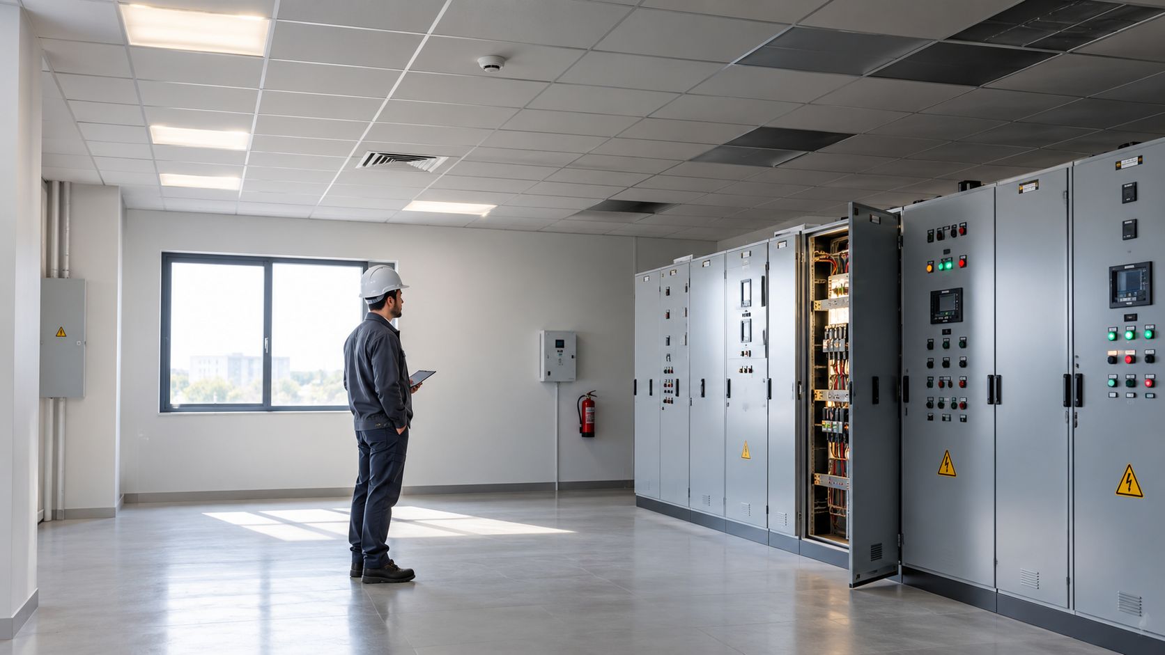 A technician wearing a hard hat inspects electrical switchgear panels with a tablet in an office building.