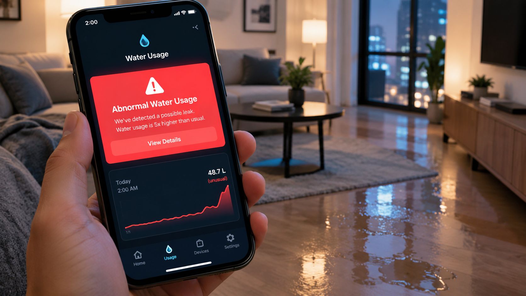 A hand holds a smartphone displaying a water usage app alert about a potential household water leak.