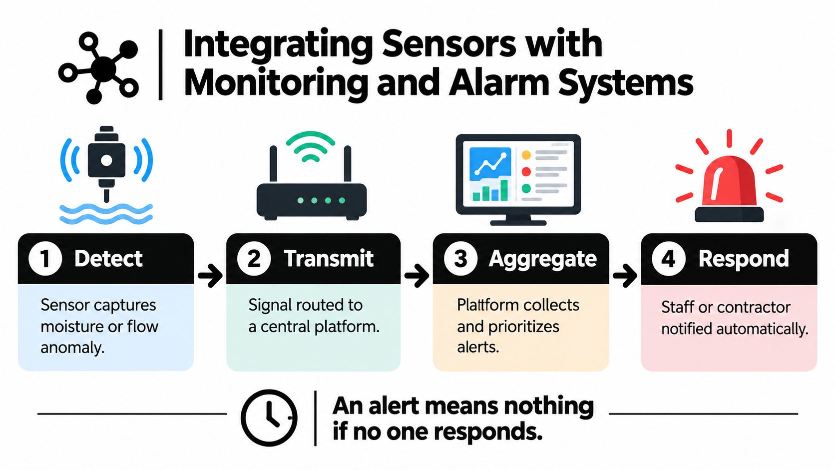 A flow chart illustrating how water leak detection sensors transmit data to alert monitoring systems.