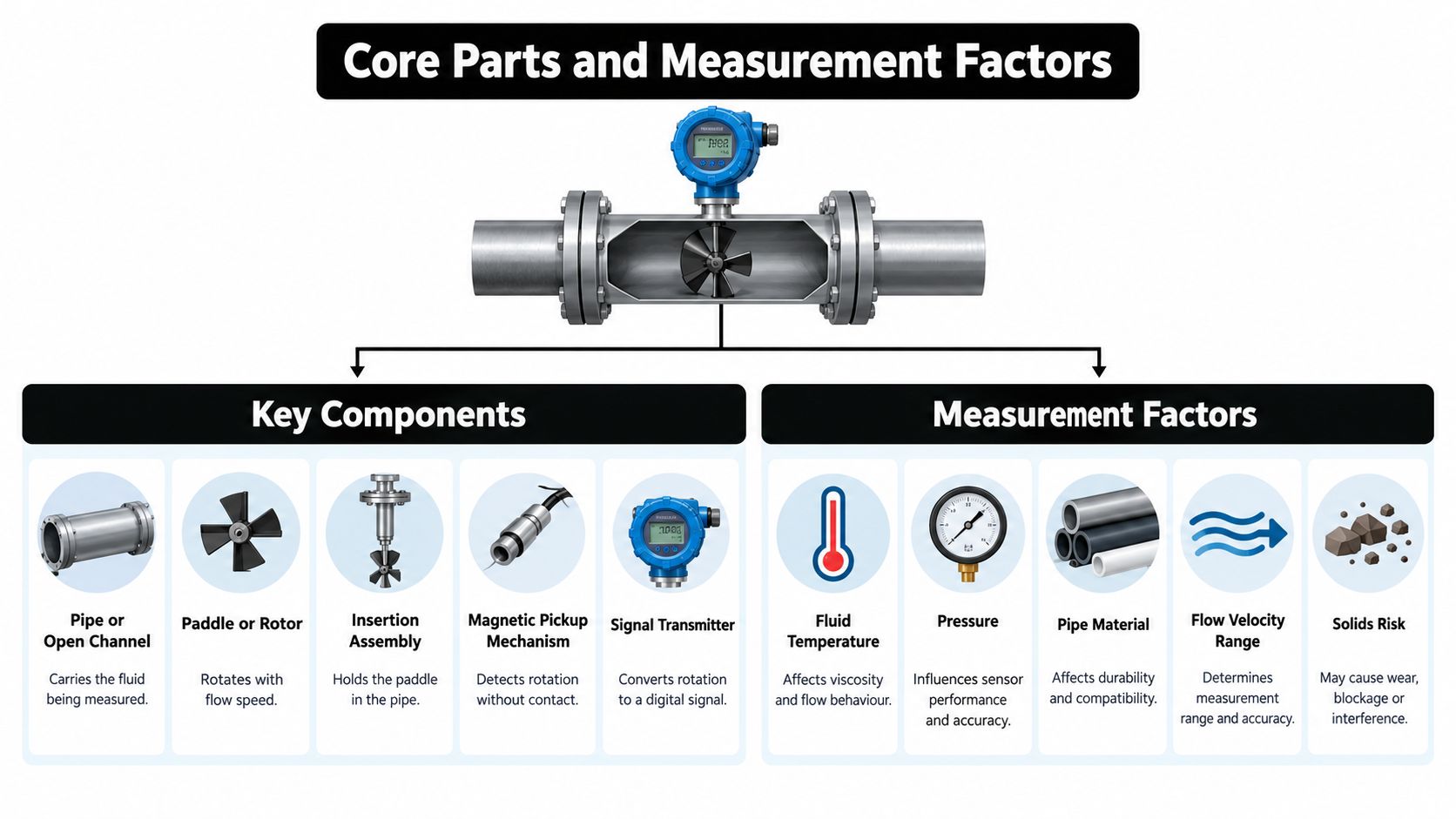 A diagram illustrating the core components and measurement factors of a paddle flow meter system.