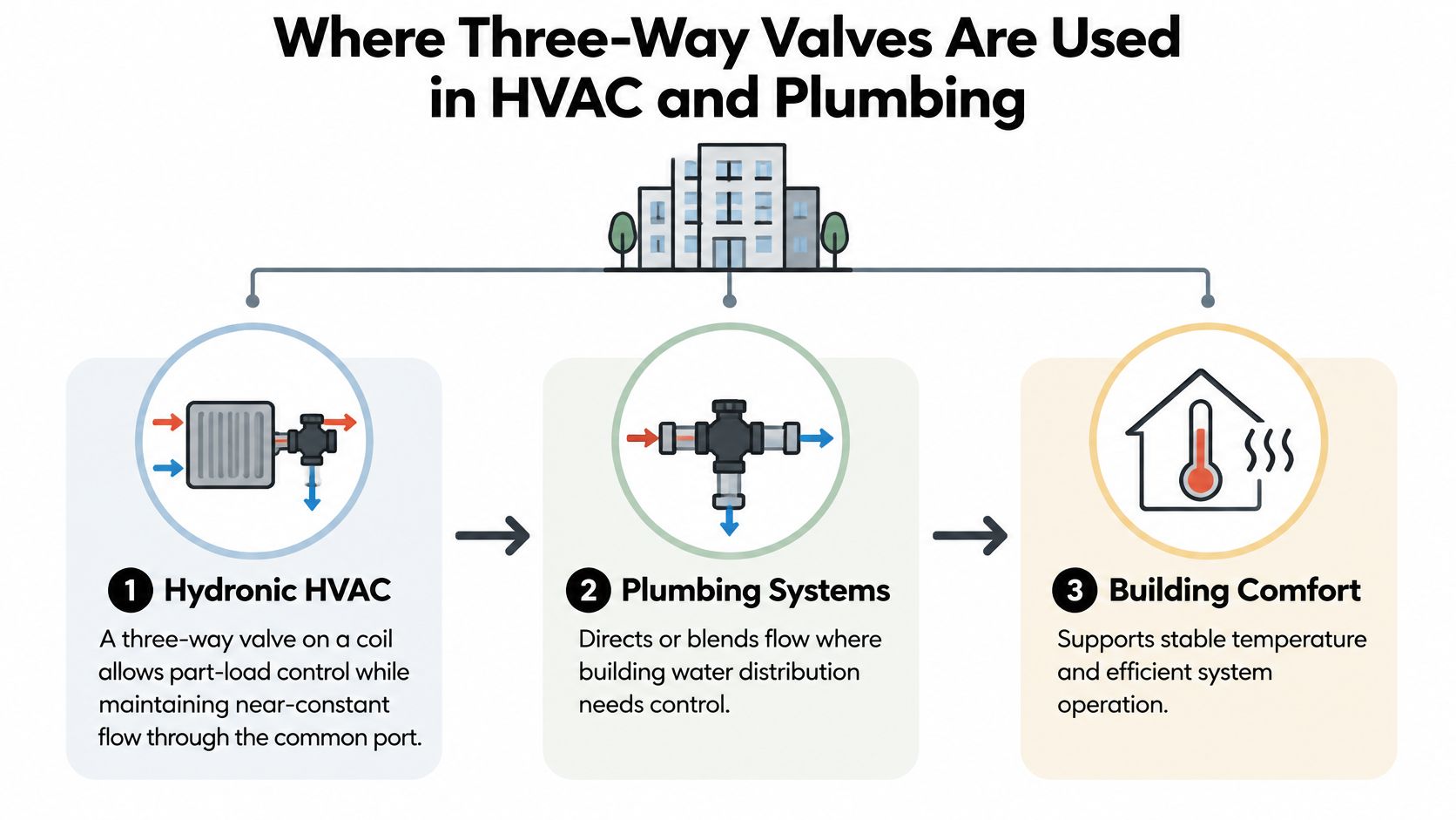 A diagram illustrating how three-way valves are utilized in HVAC and plumbing systems to improve building comfort.