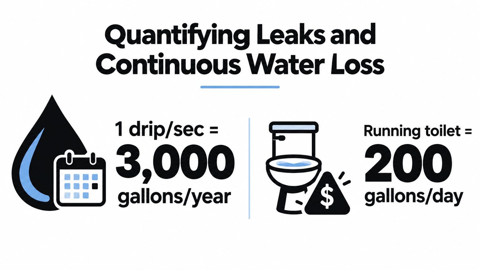 An infographic illustrating water loss from a dripping faucet and a running toilet in residential settings.