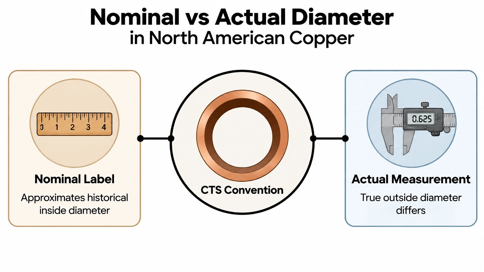 A diagram comparing nominal and actual copper pipe diameters with a ruler and digital caliper.
