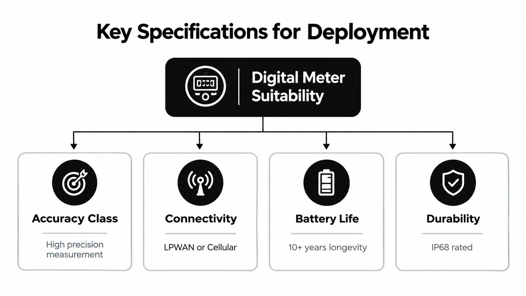 A diagram outlining the four key specifications for digital water meter deployment, including accuracy, connectivity, battery, and durability.