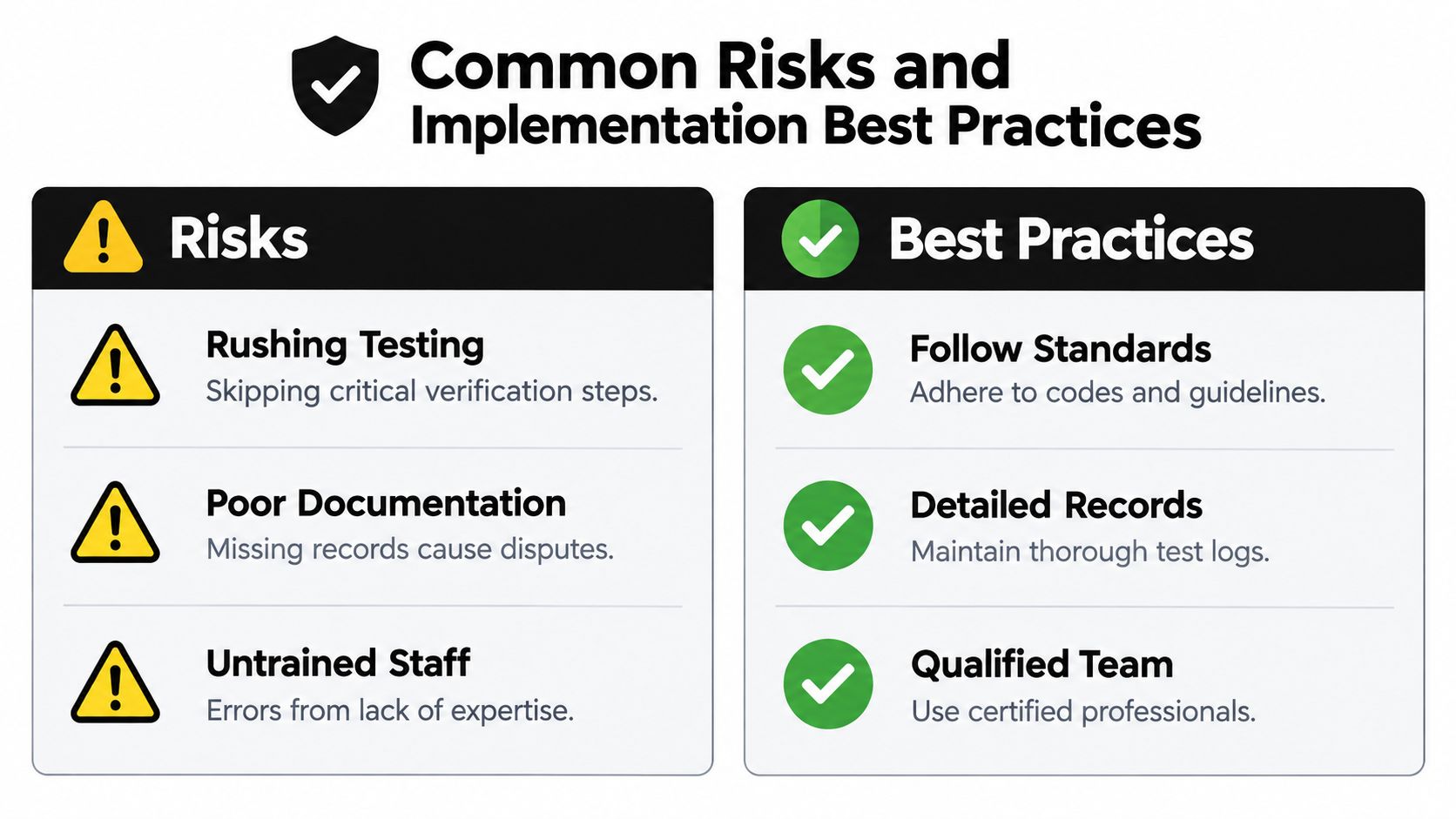 A comparison chart outlining common risks and best practices for electrical commissioning and project implementation.