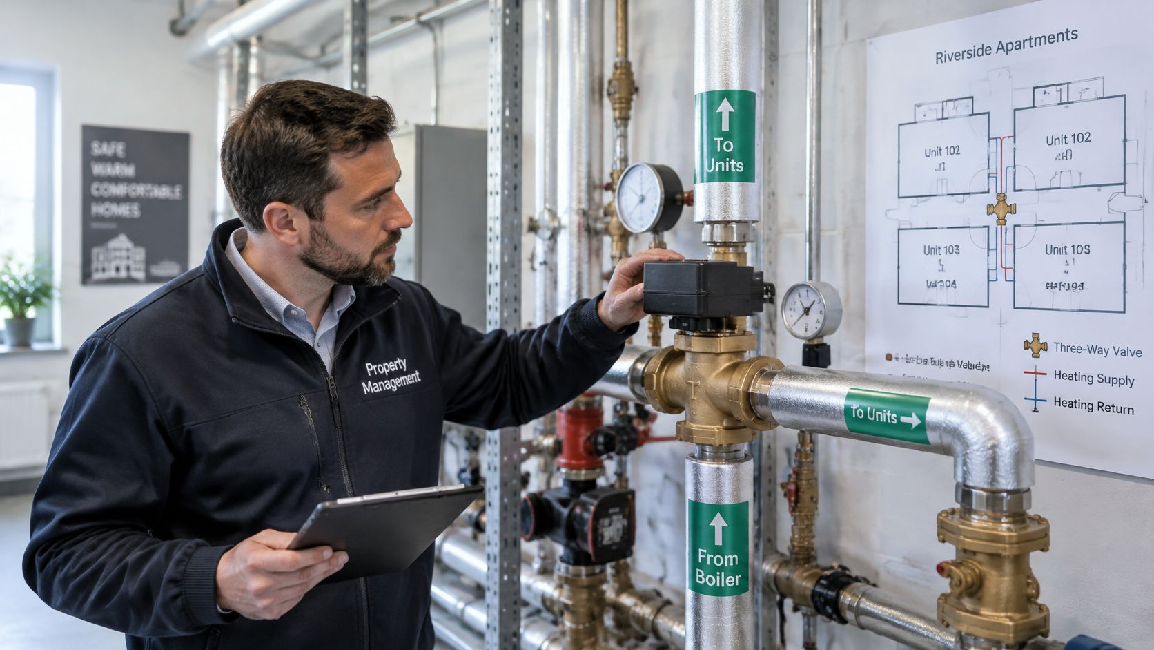 A property manager inspecting a three-way water valve in a commercial heating system mechanical room.