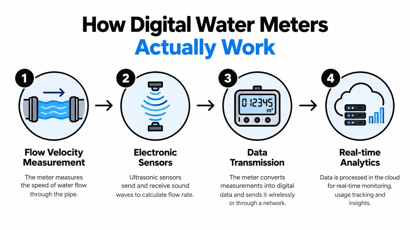 A four-step infographic explaining how digital water meters work from flow measurement to cloud analytics.