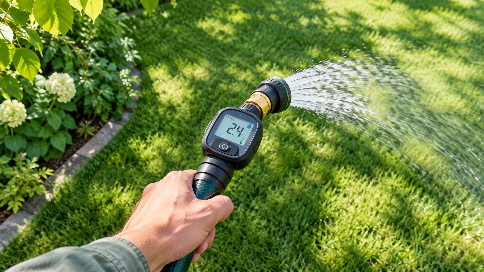 A hand holding a garden hose with a digital flow meter attached, spraying water onto a lawn.