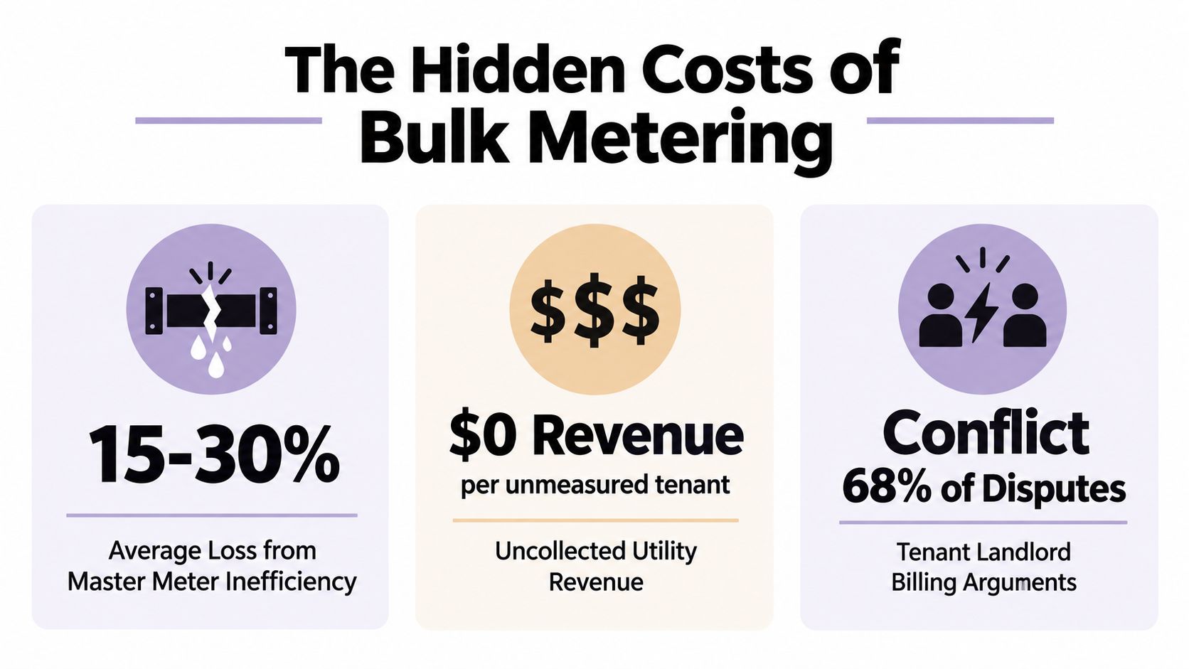 An infographic showing the hidden costs of bulk metering including water loss, uncollected revenue, and billing disputes.