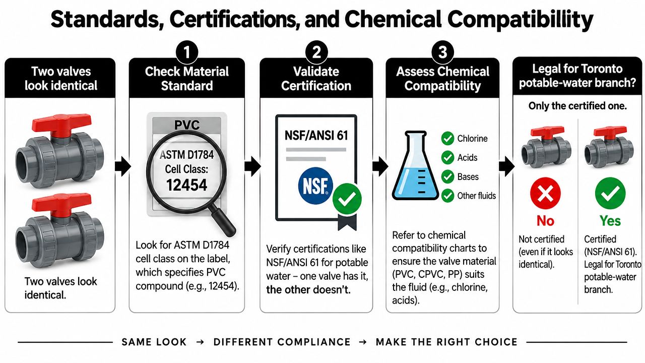 A diagram explaining the process of selecting certified plastic ball valves for potable water systems.