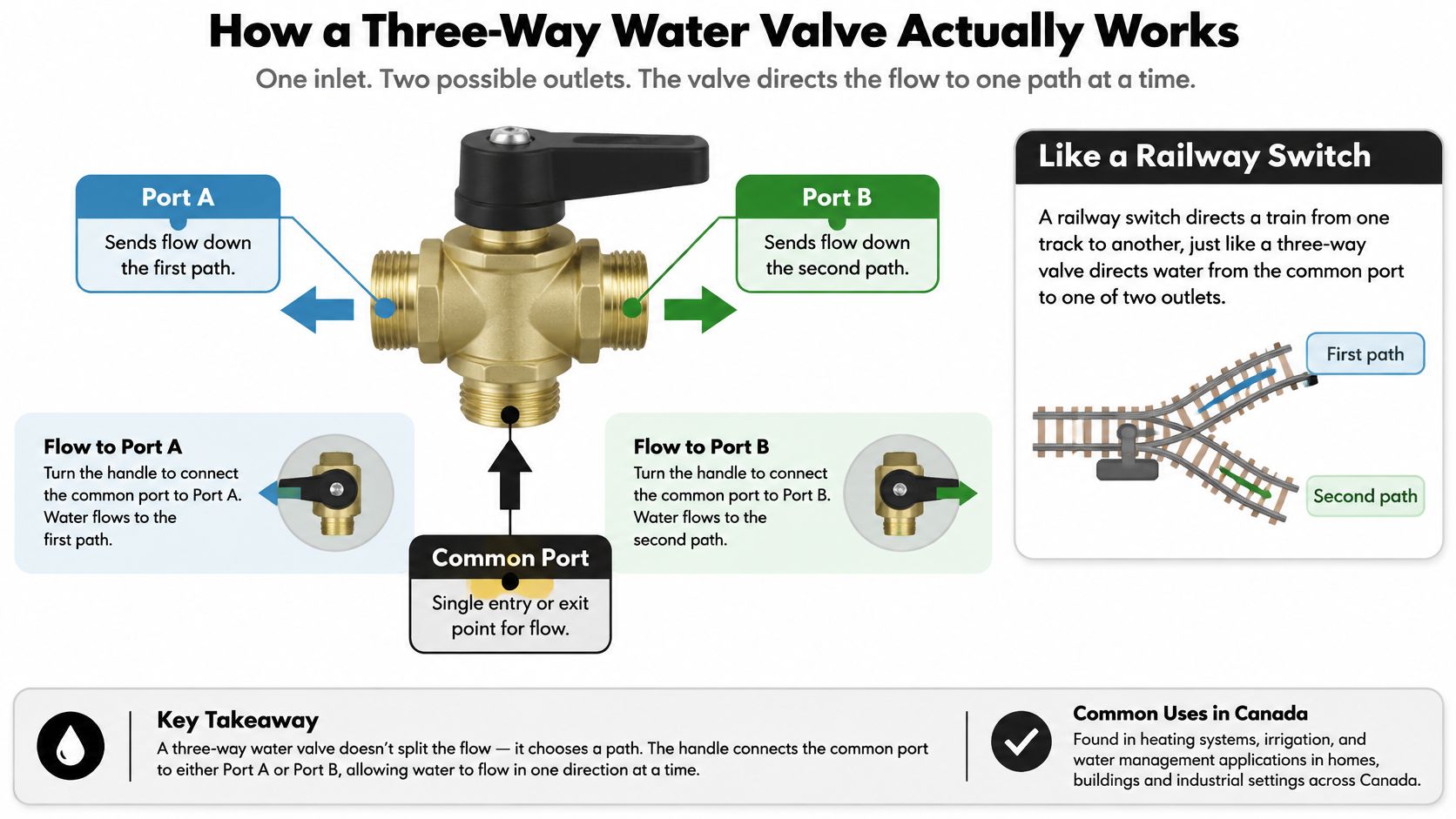 A diagram explaining how a three-way water valve works by directing flow from one inlet to two outlets.