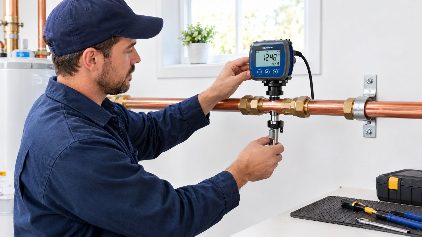 A professional technician carefully installing and calibrating a paddle flow meter on a copper residential plumbing pipe.