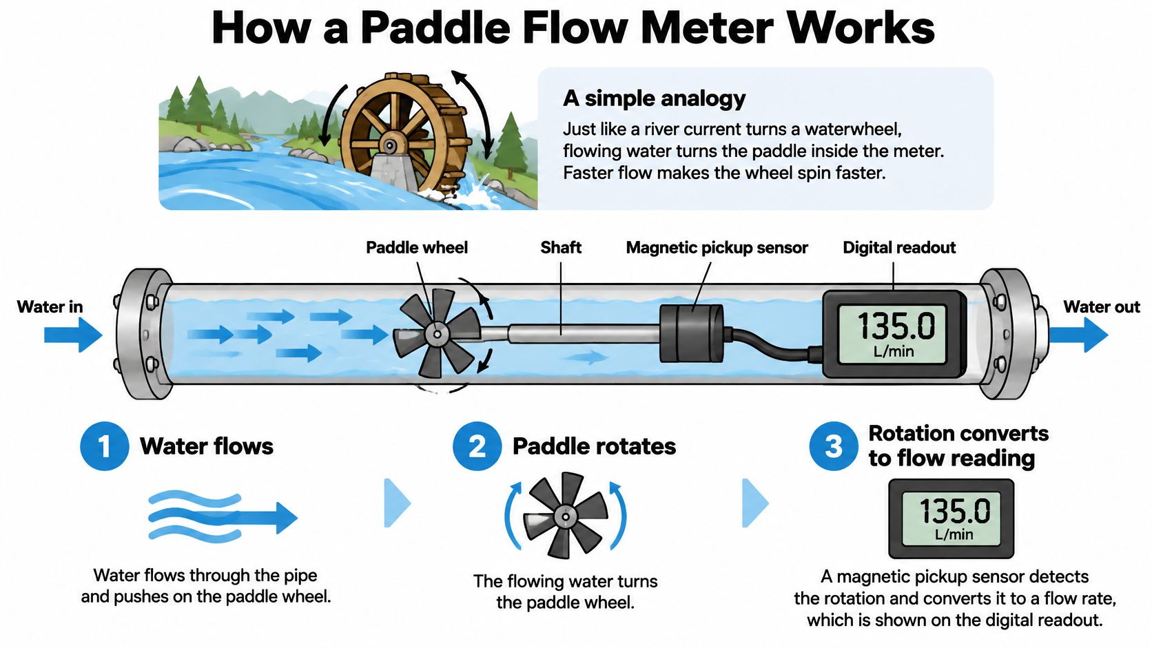 A diagram illustrating how a paddle flow meter operates, showing water flow rotating a paddle wheel sensor.
