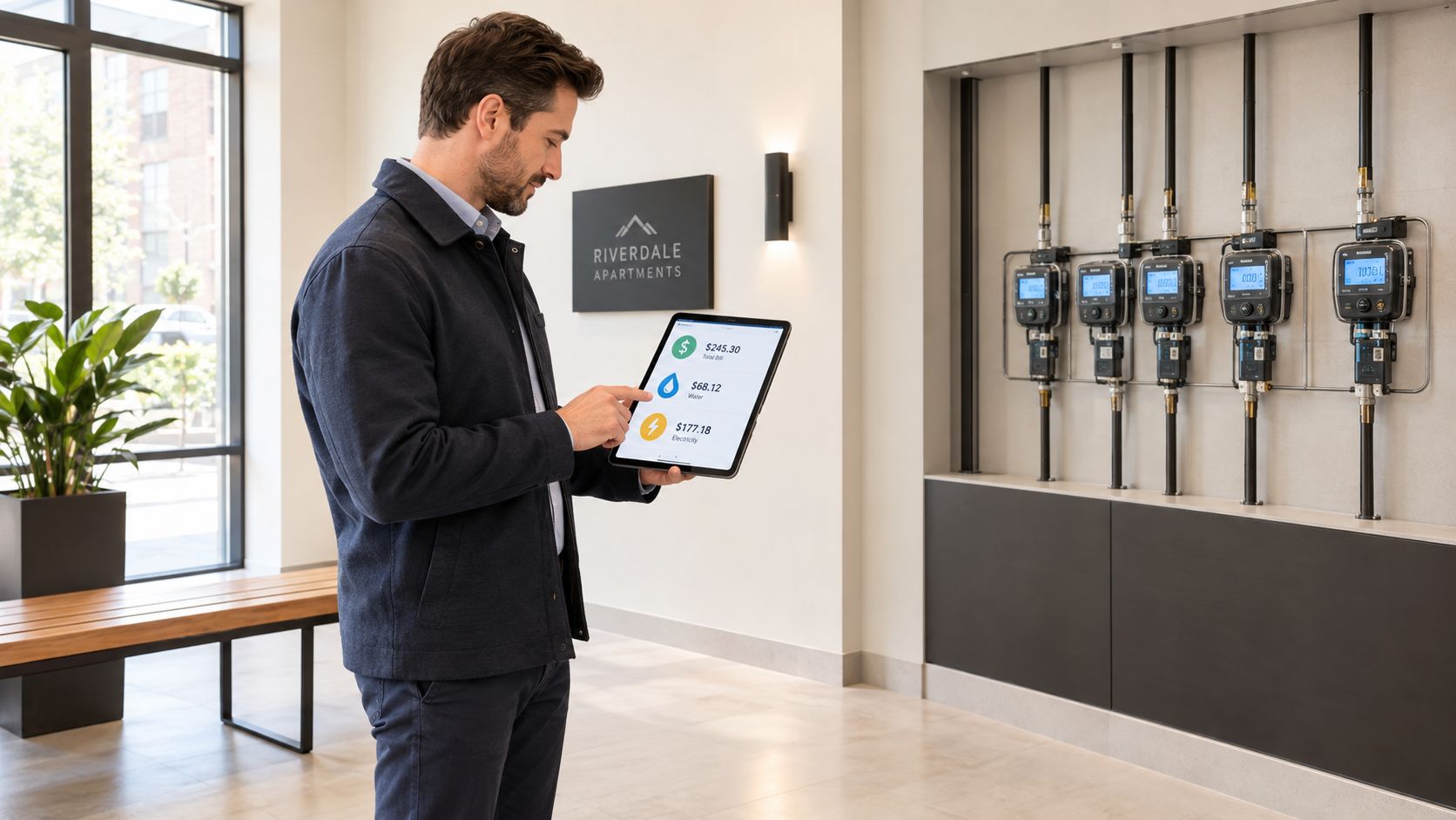 A professional man holding a tablet to check utility readings next to digital smart apartment meters.