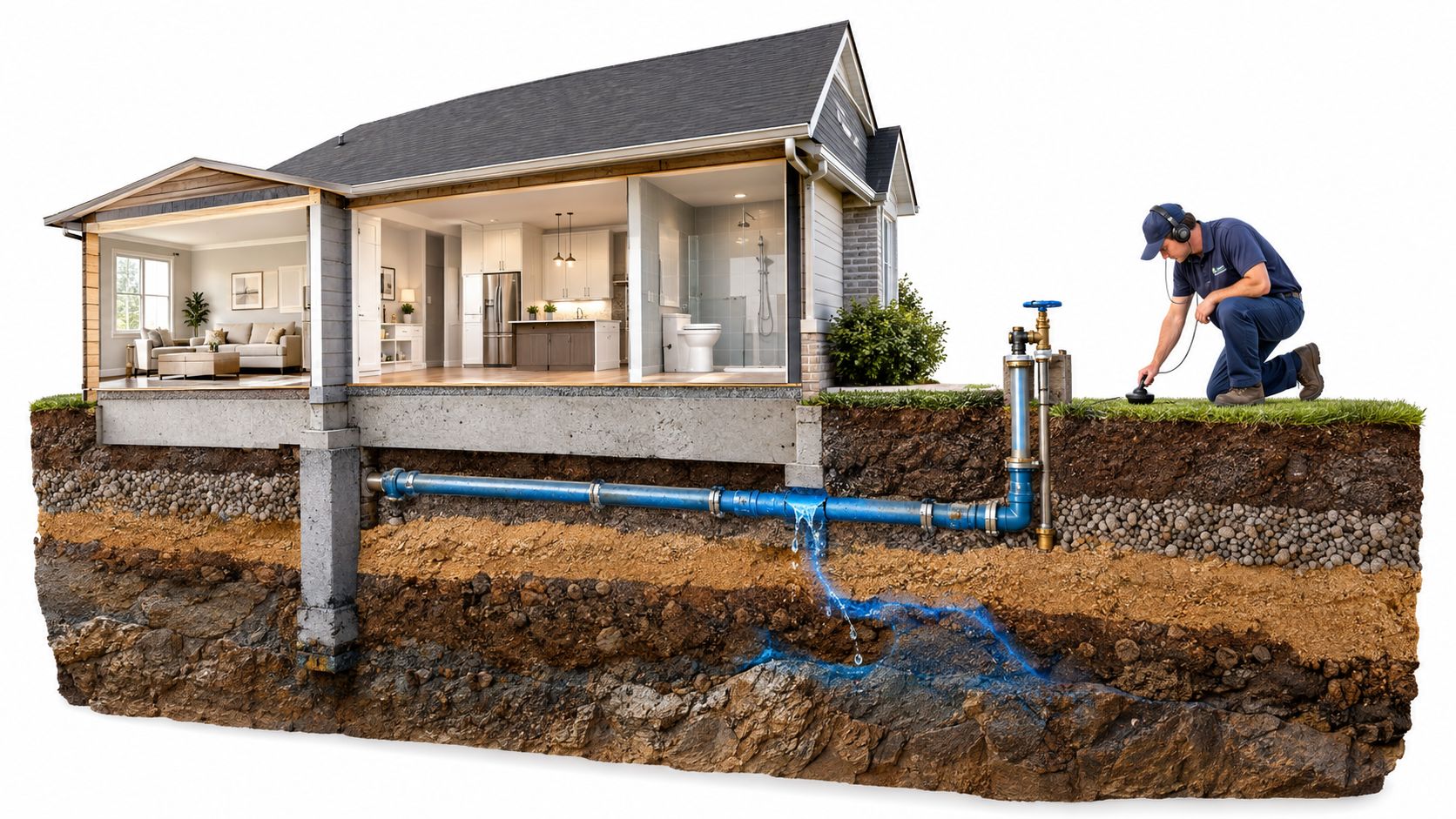 A professional technician using acoustic equipment to detect an underground water pipe leak beneath a residential home.