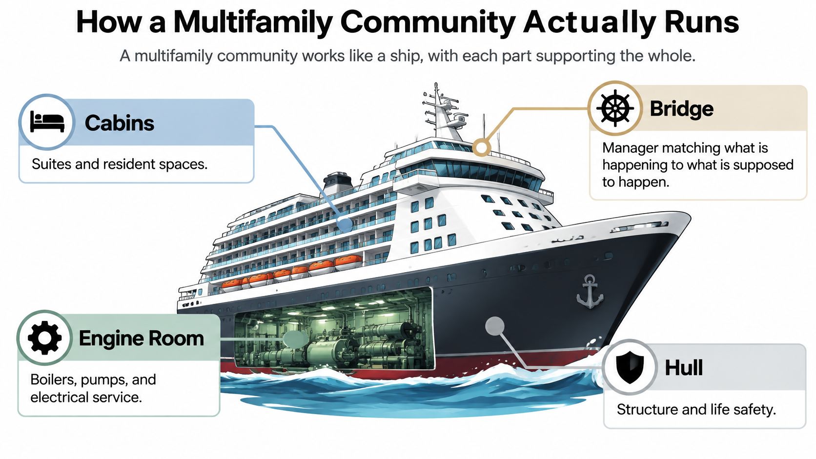 A diagram comparing a multifamily community to a ship, highlighting the roles of management, maintenance, and infrastructure.