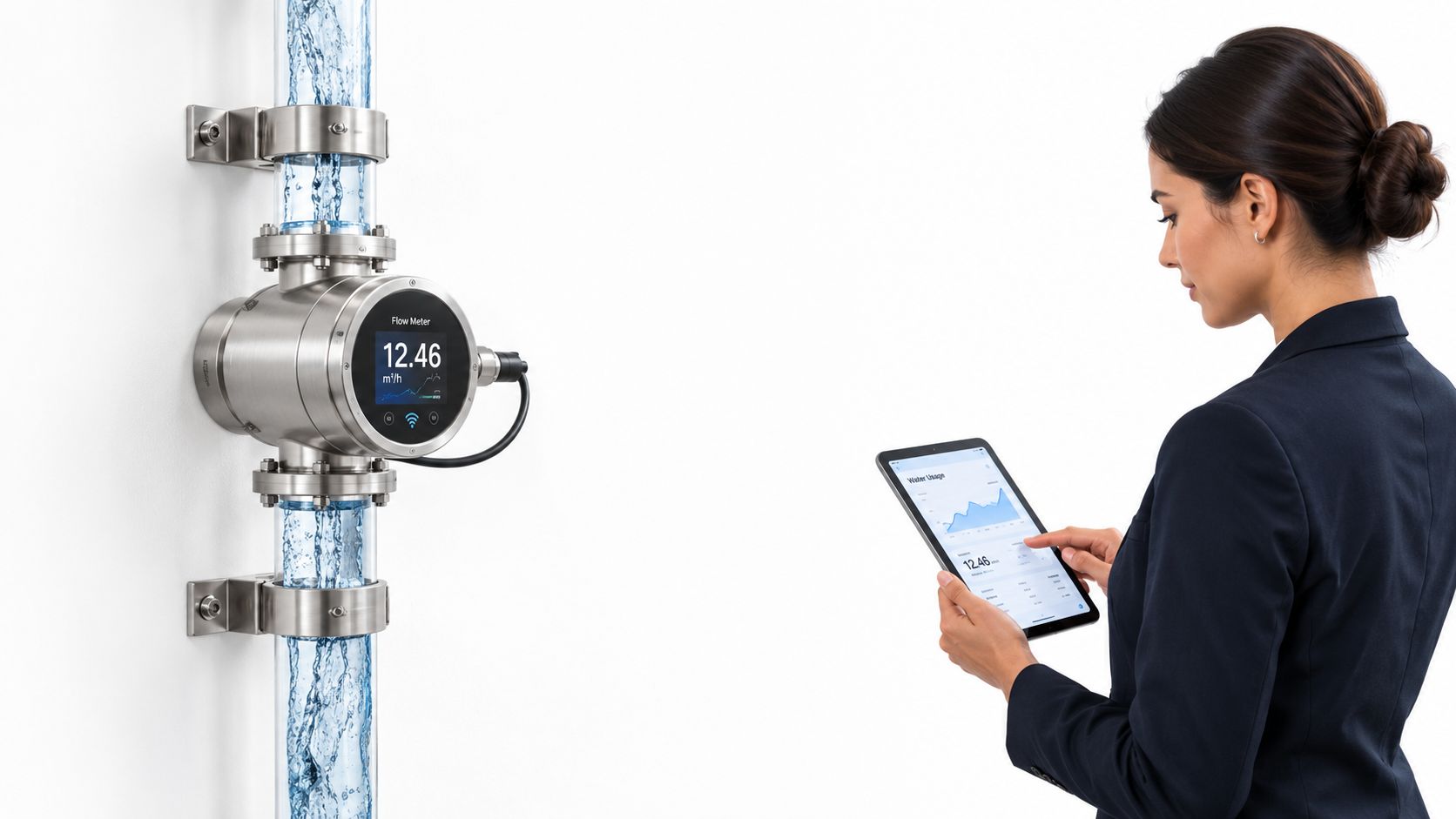 A professional woman uses a tablet to monitor real-time water flow data from a digital flow meter.