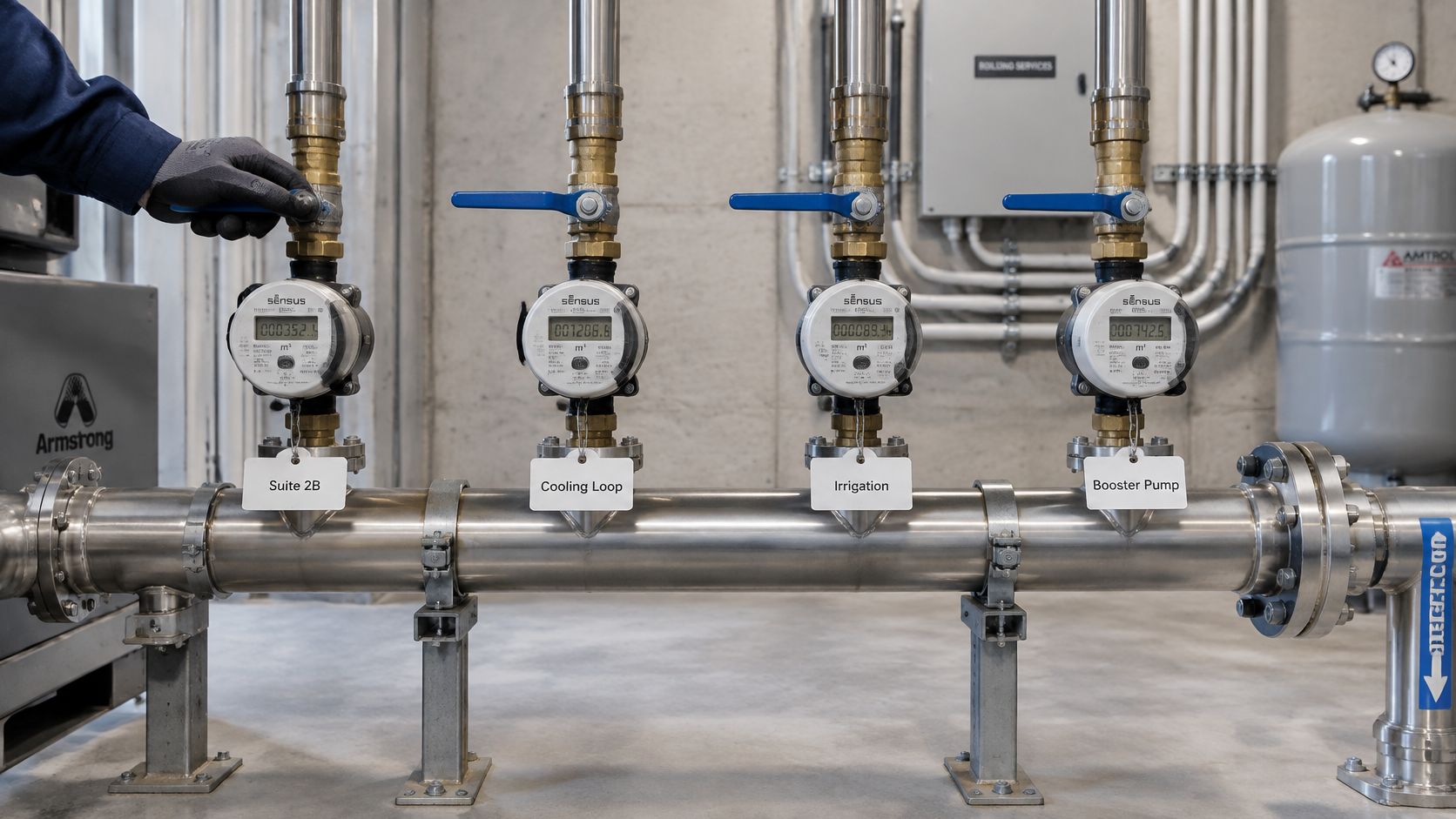 A hand turns a valve on a series of industrial water flow meters mounted on a stainless pipe.