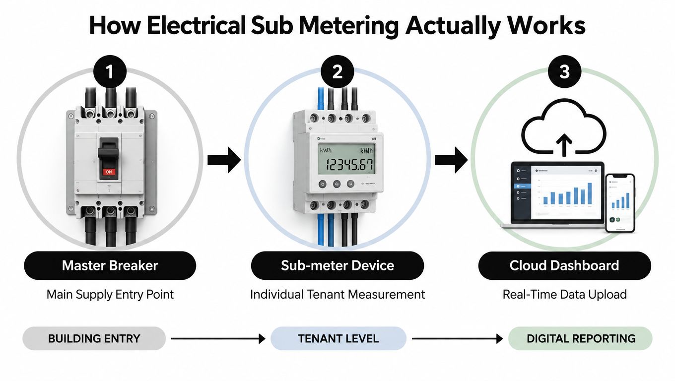 A diagram illustrating how electrical sub-metering works from the main breaker through a sub-meter to a cloud dashboard.