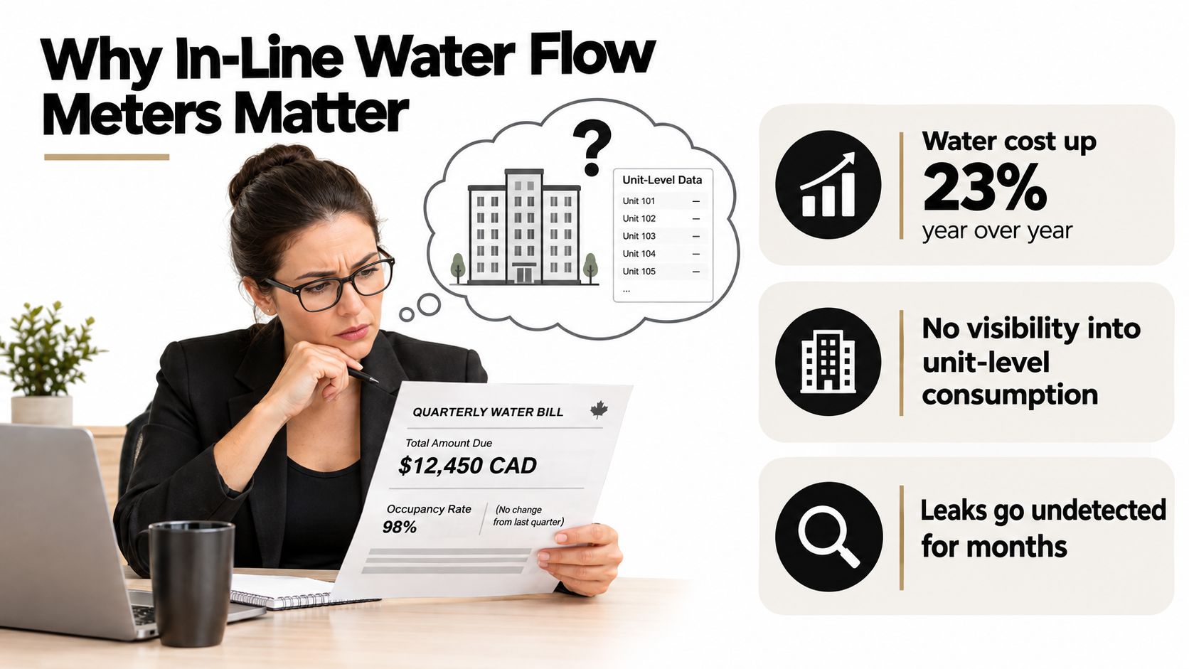 A professional looking at a quarterly water bill while questioning unit-level consumption and potential leaks in buildings.