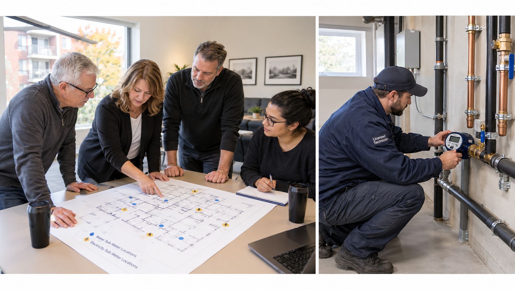 A team discussing architectural plans for smart meters while a technician installs a meter on pipes.