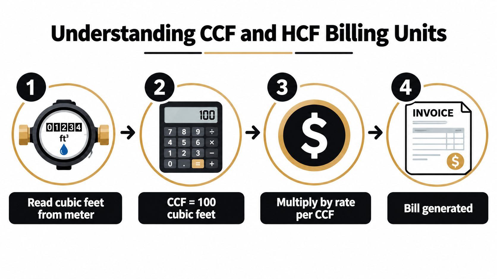 A four-step infographic explaining how utility companies calculate water bills using CCF and HCF billing units.