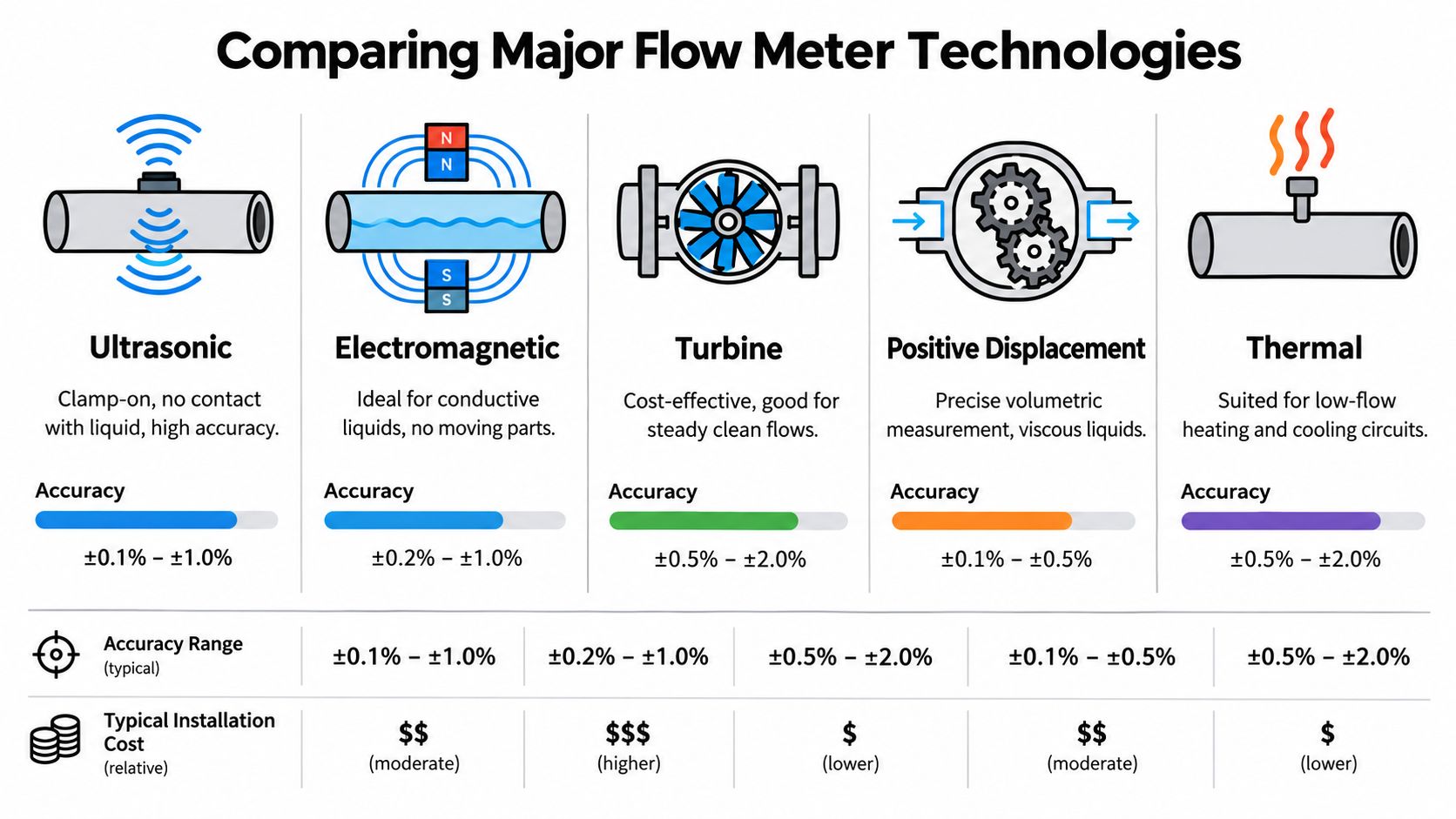 A comparison chart of five major flow meter technologies including ultrasonic, electromagnetic, turbine, positive displacement, and thermal meters.