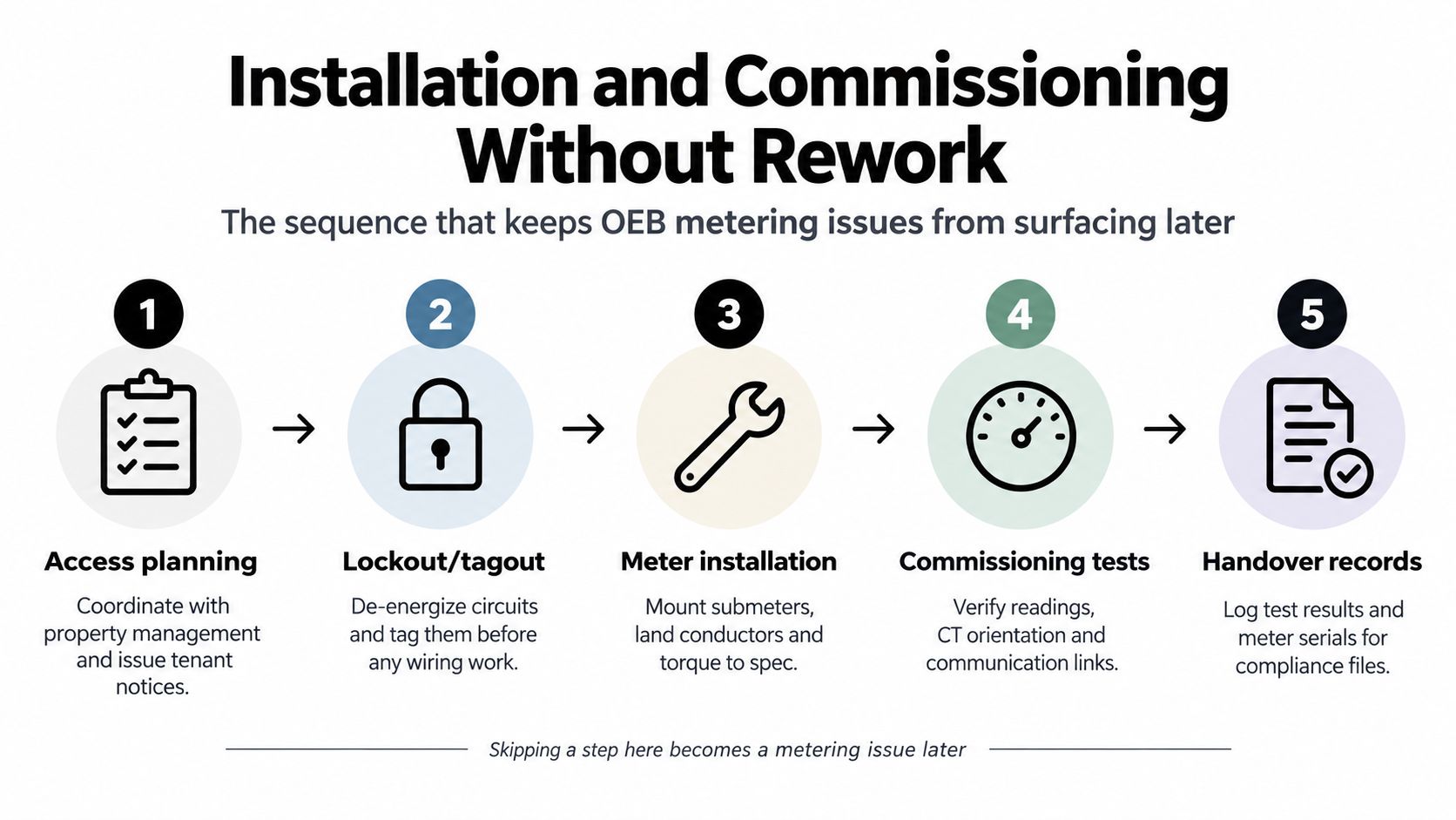 A five-step infographic showing the sequence for electrical submeter installation and commissioning without future rework.