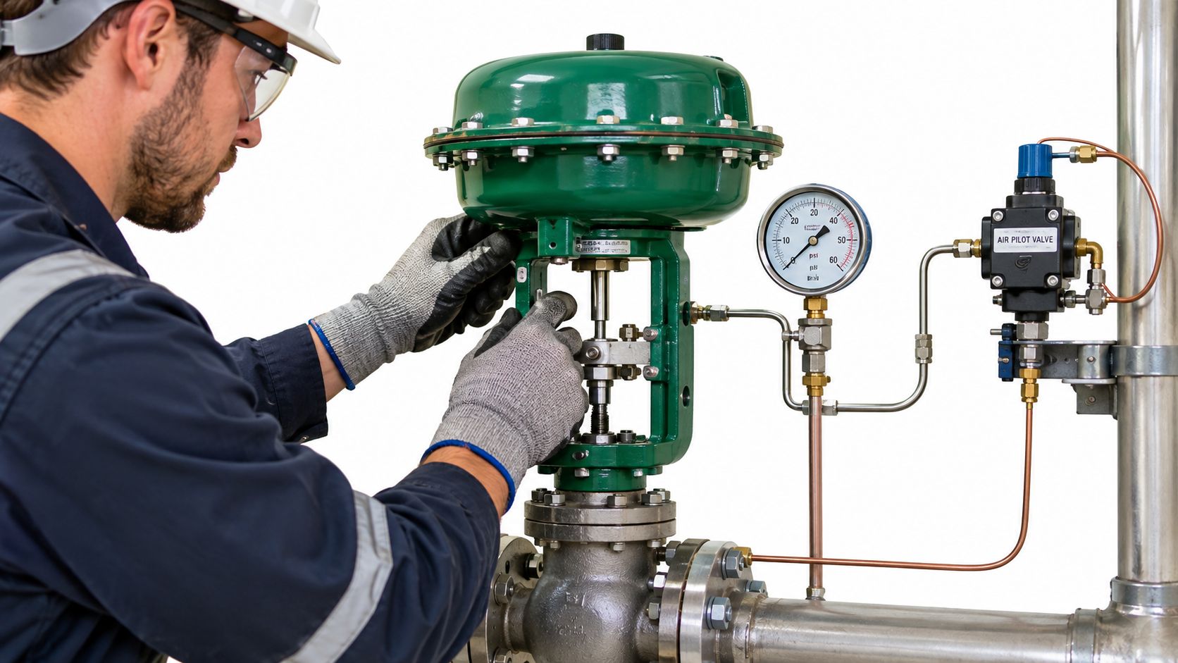 A technician wearing a hard hat and protective gloves calibrating an industrial air pilot valve system.