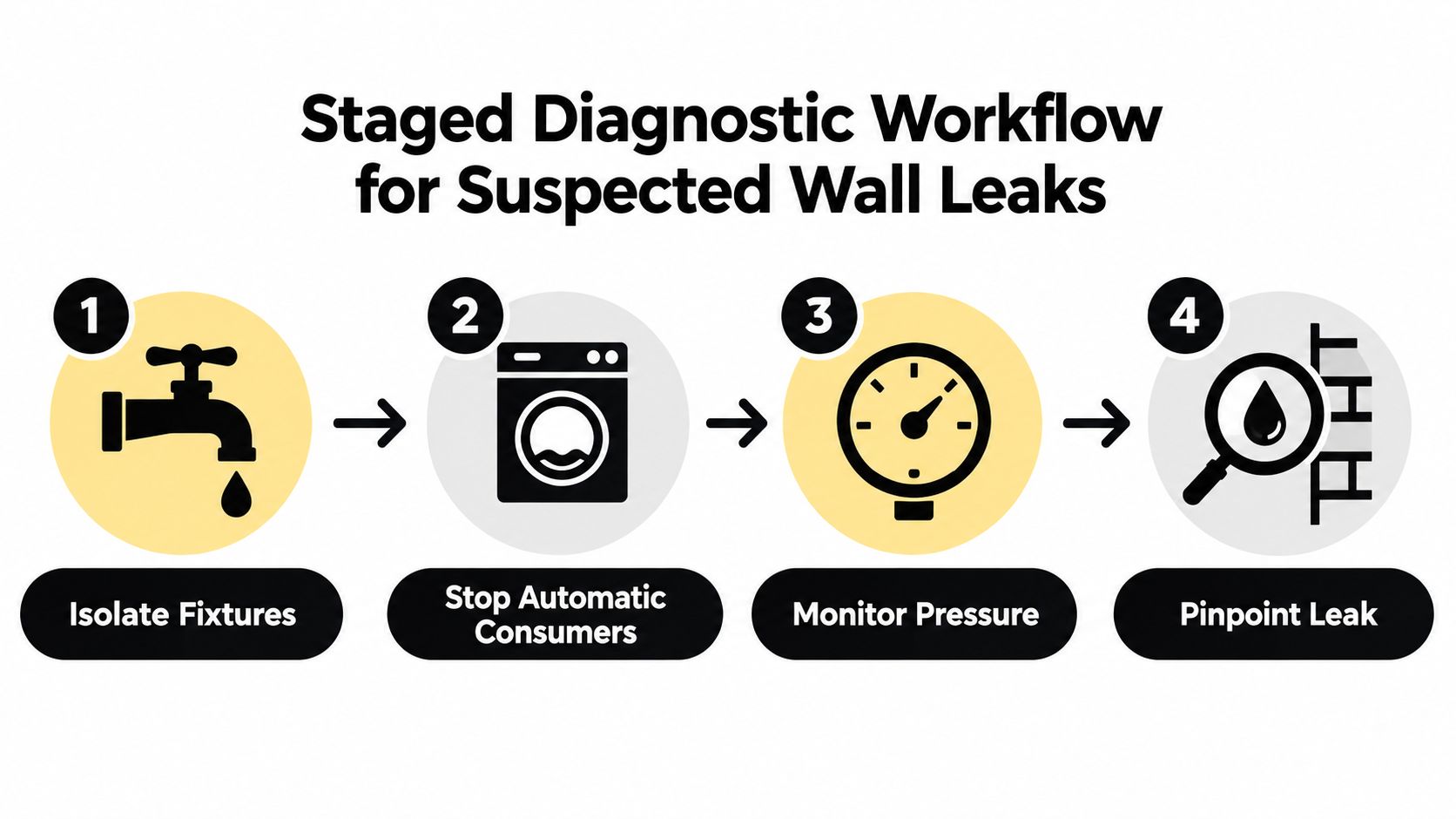 A four-step diagnostic workflow illustration for identifying and pinpointing water leaks located behind wall structures.
