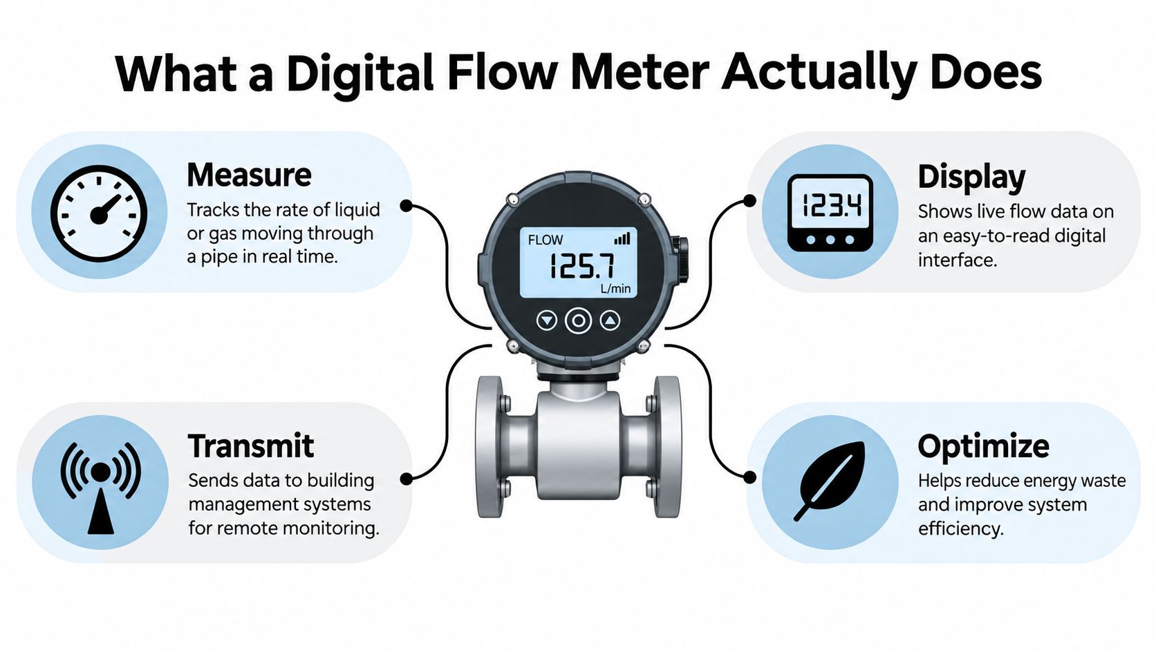 A diagram illustrating the four key functions of a digital flow meter: measuring, displaying, transmitting, and optimizing.