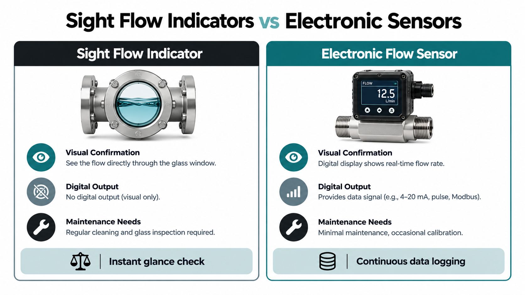 A comparison chart showing the differences between industrial sight flow indicators and electronic flow sensors.