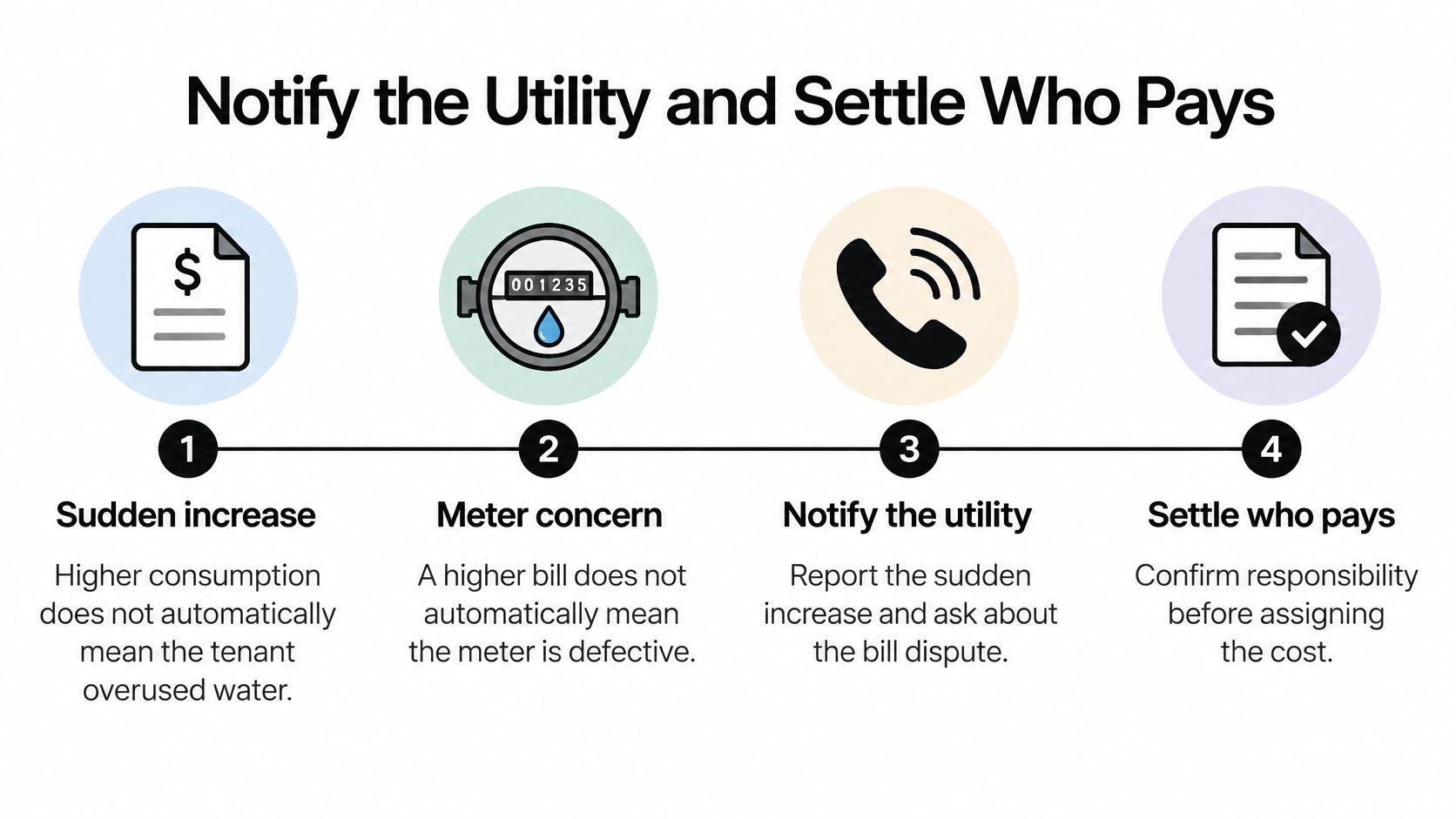 A four-step infographic showing how to address a sudden increase in utility bills and meter concerns.
