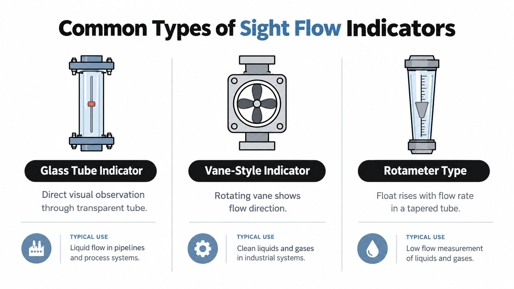 An infographic illustrating three common types of sight flow indicators: glass tube, vane-style, and rotameter.