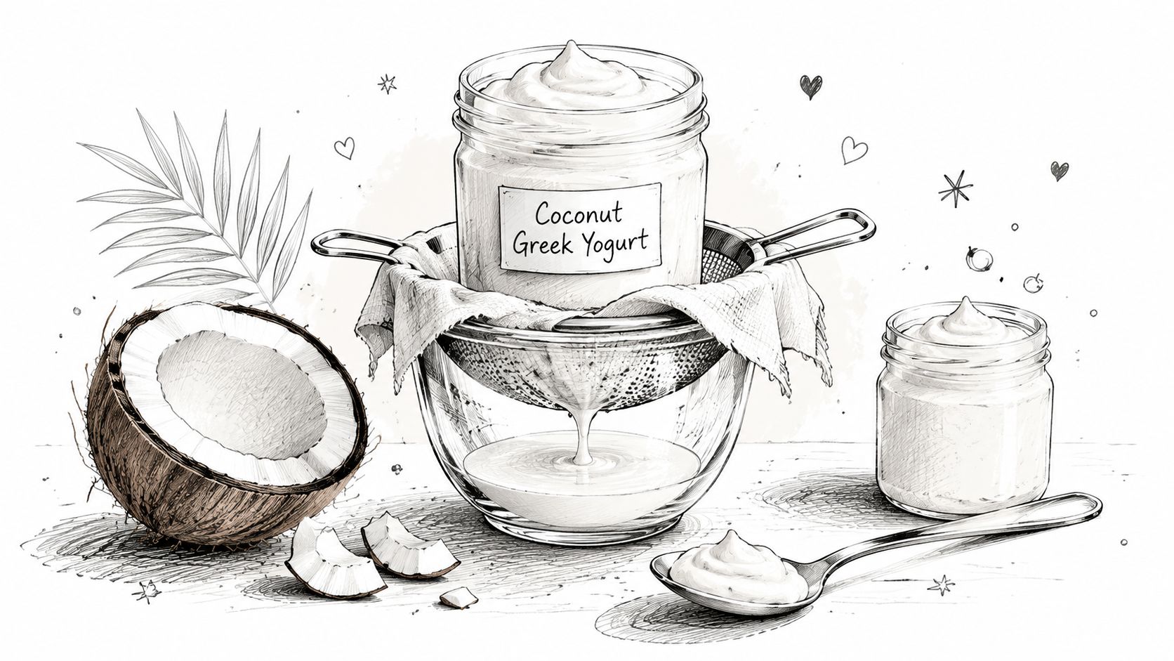 A black and white line art illustration of homemade coconut Greek yogurt being strained in a glass bowl.