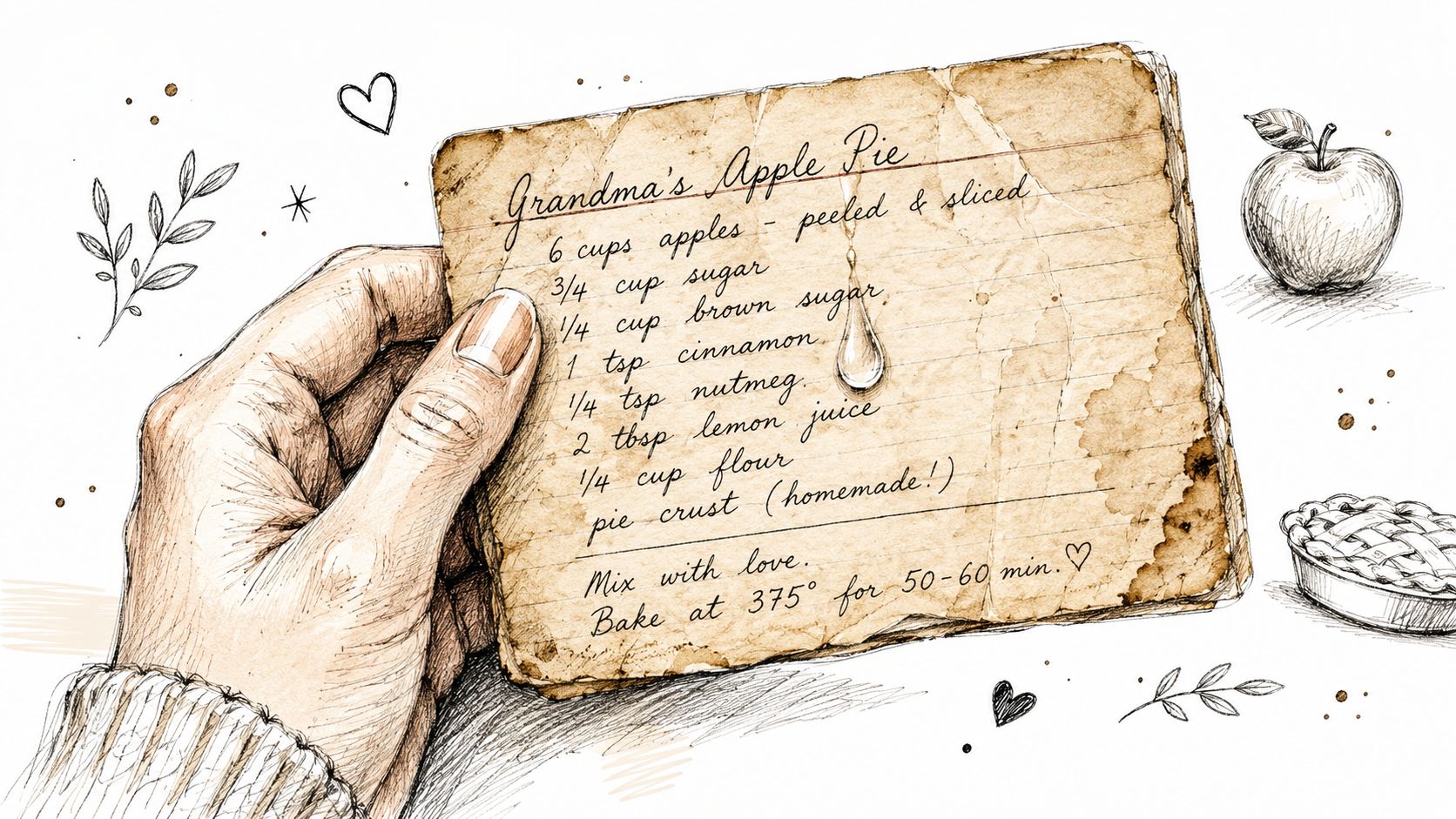 A detailed illustration of a person holding an aged, handwritten paper recipe card for Grandma's Apple Pie.