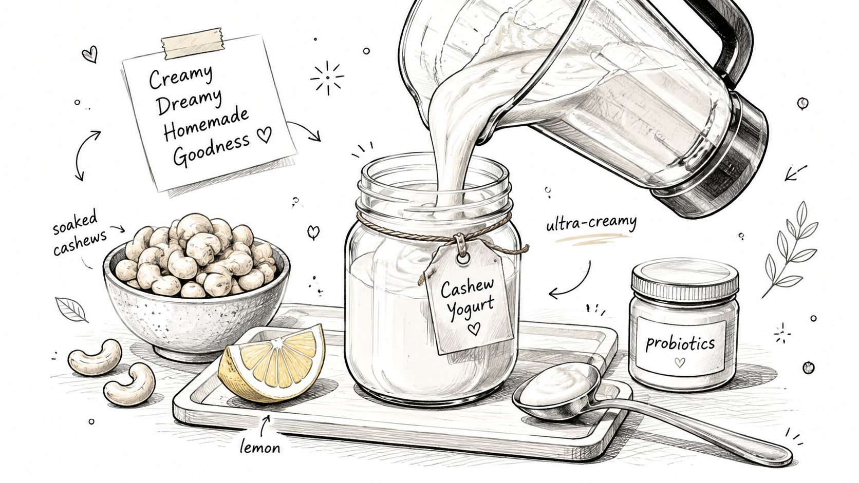 A hand-drawn illustration showing the process of making creamy homemade vegan cashew yogurt in a kitchen.