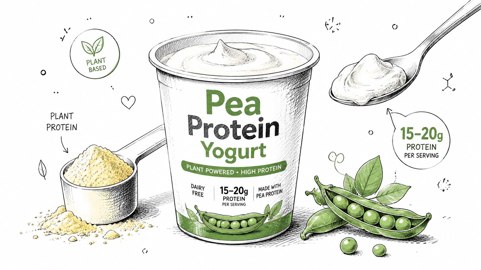 A hand-drawn illustration of pea protein yogurt in a container with a scoop of protein powder.