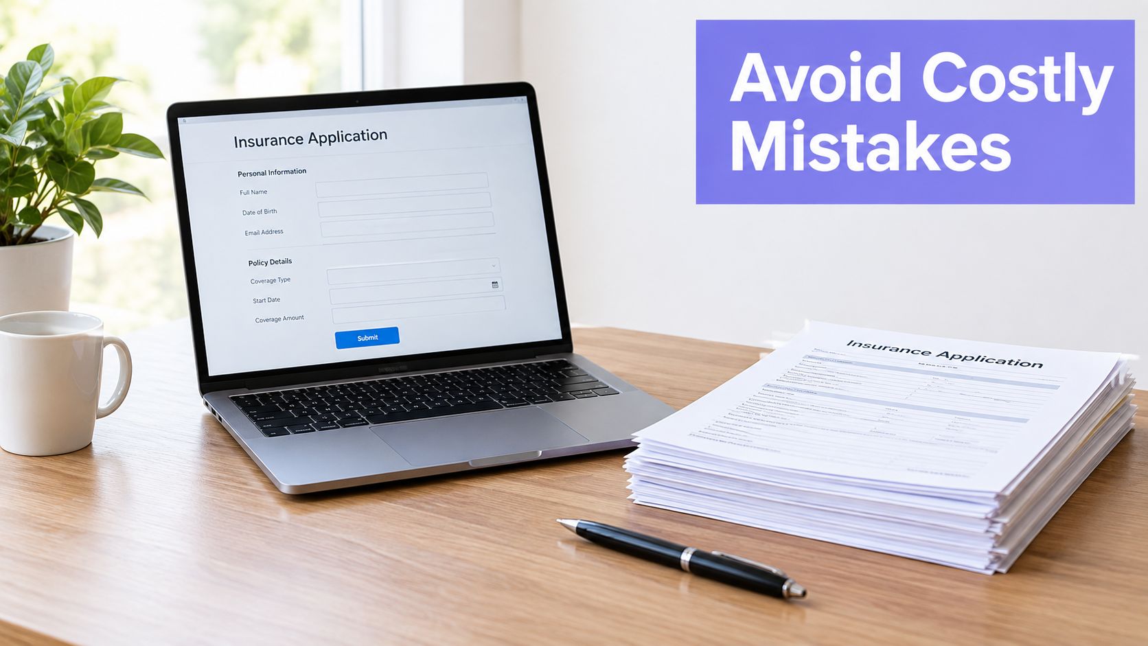 A laptop displaying an online insurance application form next to a stack of paper forms.
