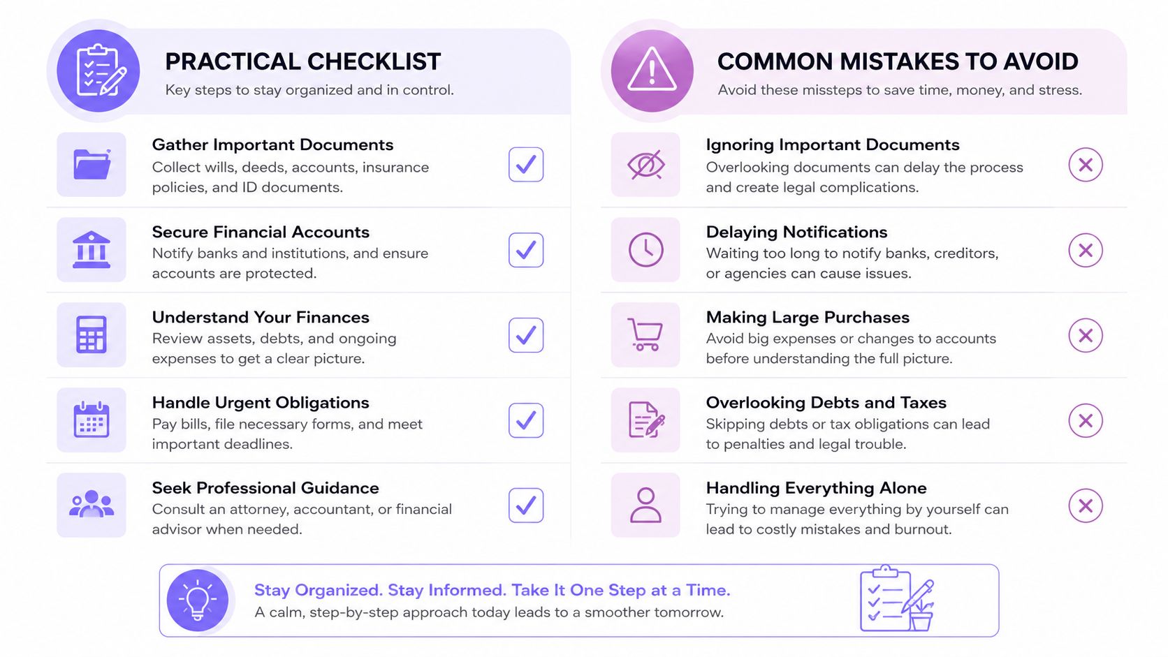An infographic showing a practical checklist for estate planning alongside common mistakes to avoid during the process.