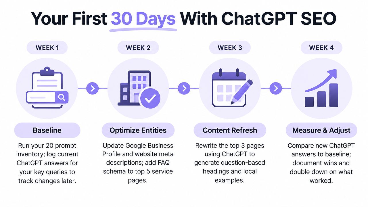 A four-step infographic showing a 30-day plan for optimizing SEO strategies using ChatGPT for business growth.