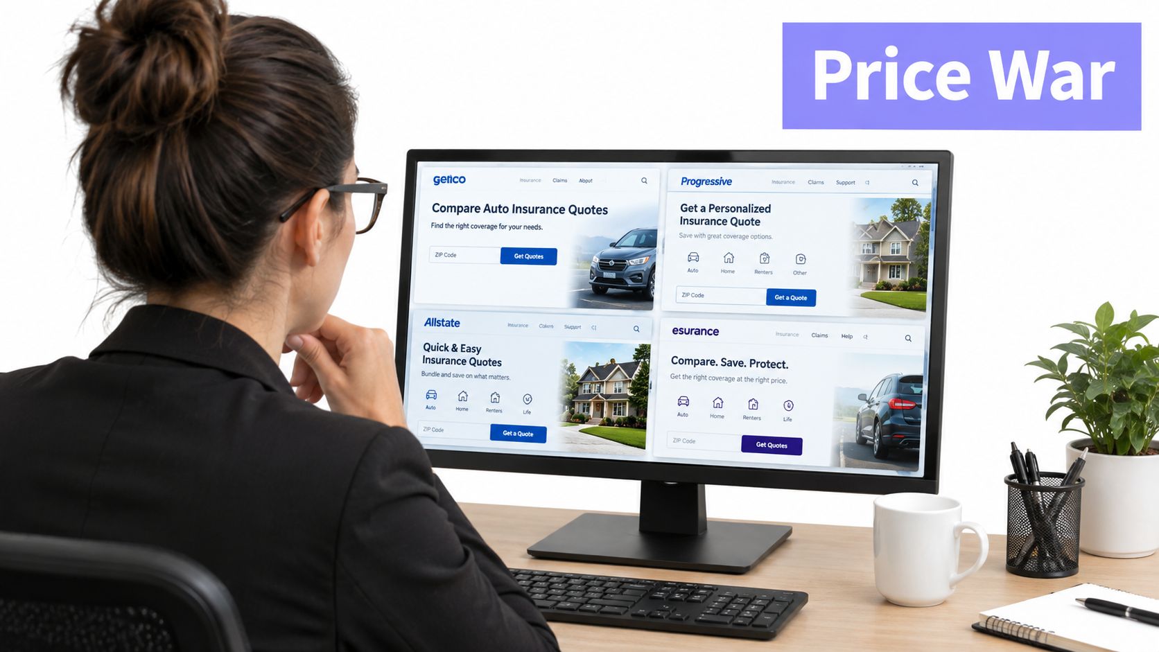 A woman sitting at a desk looking at a computer screen showing various car insurance comparison websites.