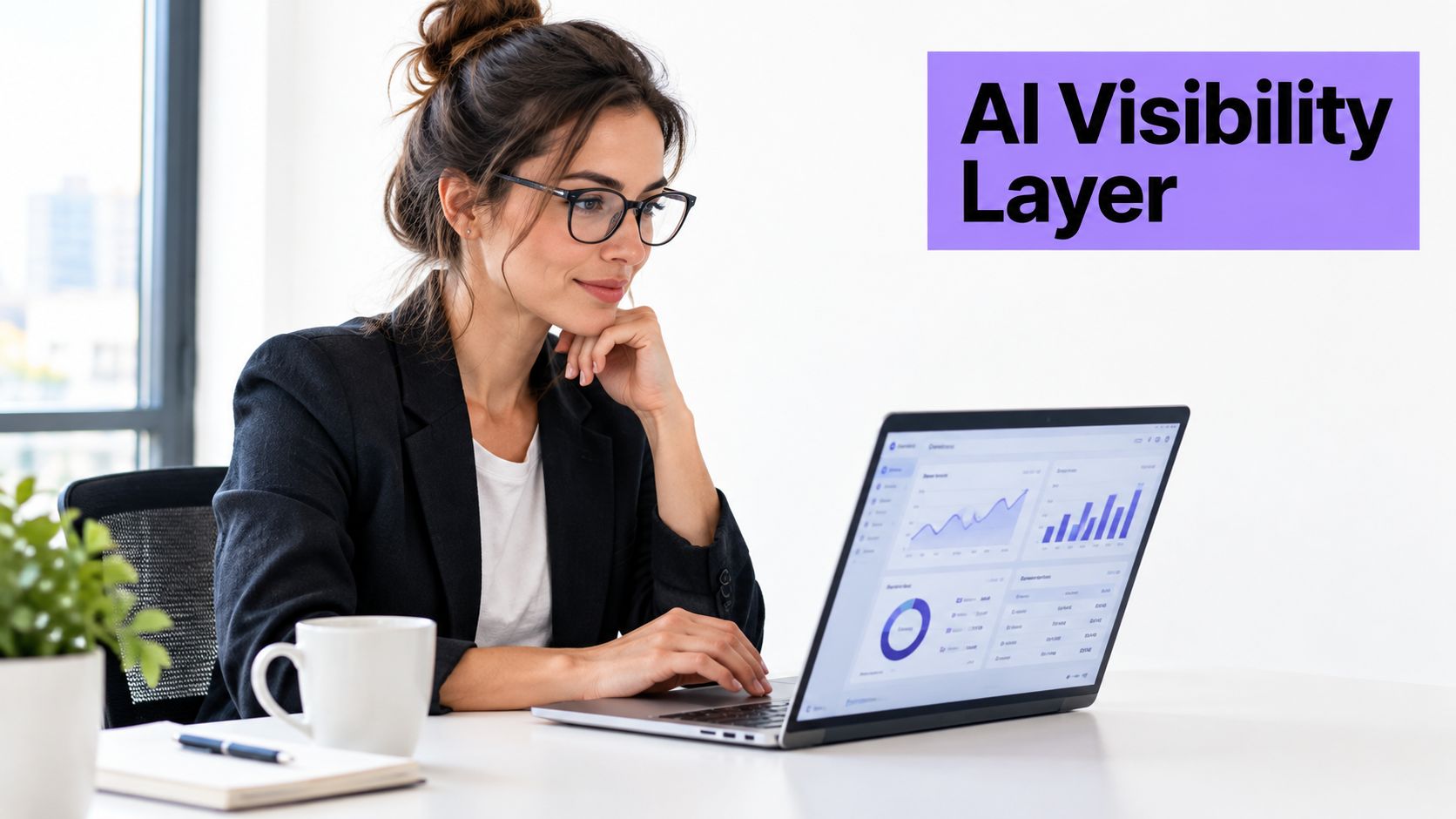 A professional woman in a blazer working on a laptop displaying data analytics charts in an office.